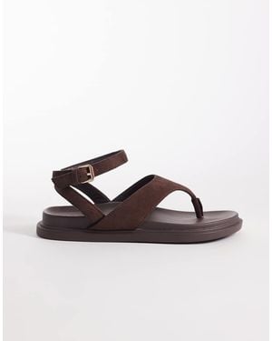 London Rebel Anya Thong Sandals With Ankle Strap And Buckle Detail - Brown