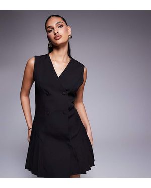 Kaiia Exclusive Tailored Sleeveless Button Front Pleat Hem Mini Dress - Black