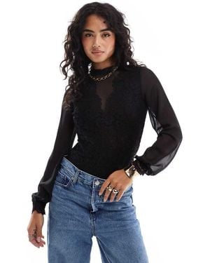 Morgan Lace High Neck Mesh Plunge Detail Long Sleeve Bodysuit - Blue
