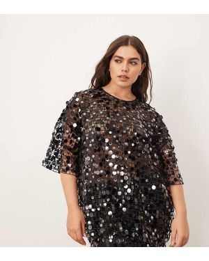 ARRANGE Curve Sheer Grid Sequin Tee Co Ord - Black