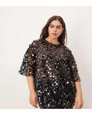 ARRANGE Curve Sheer Grid Sequin Tee Co Ord - Black