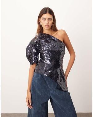ARRANGE Sculptural One Shoulder Sequin Top - Blue