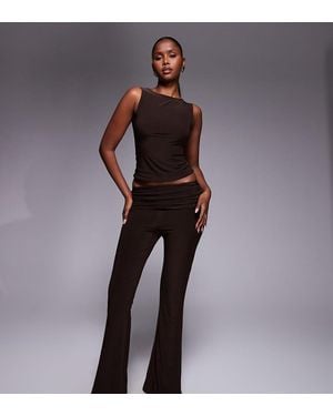 Kaiia Exclusive Double Layered Slinky Foldover Flared Trousers Co-Ord - Brown