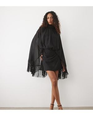 ASOS Asos Design Tall Shoulder Pad Tie Neck Fringe Sleeve Mini Dress - Black