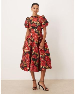 Sister Jane Dream Illusions Floral Jacquard Puff Sleeve Midi Dress - Red