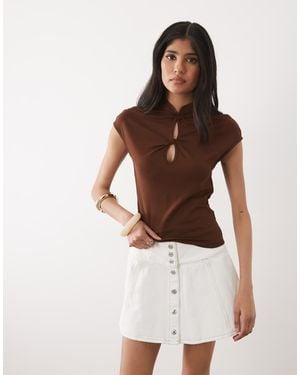 Miss Selfridge Knot Detail Top With Mandarin Collar - Brown