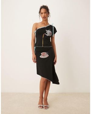 Tyler McGillivary Alice Tea Motif Ribbon Midi Skirt Co-Ord - Natural
