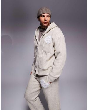 The Couture Club Co-ord Fluffy Knit Emblem Zip Through Hoodie - Grey