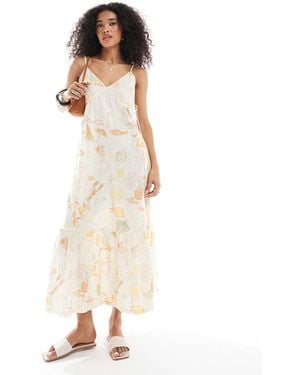 Native Youth Vestito Lungo Con Spalline Sottili Multicolore Con Stampa Di Spiaggia - Bianco