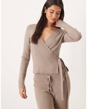 Gina Tricot Long Sleeve V Neck Fine Knitted Wrap Cardigan - Natural