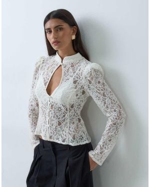 ASOS Kanten Top Met Lange Mouwen En Opstaande Kraag - Grijs