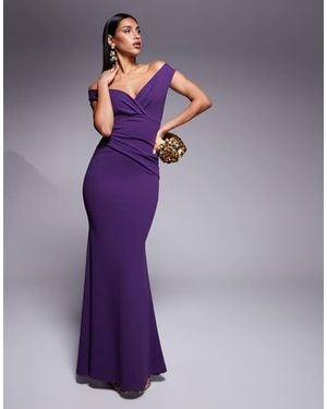 Goddiva Bardot Pleated Maxi Dress - Purple