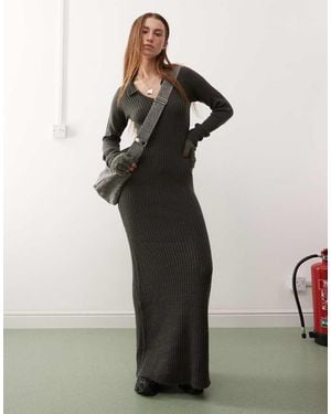 Collusion Collar Knitted Long Sleeve Dress - Grey