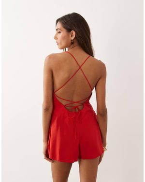Oh Polly Ruched Sweetheart Neck Backless Playsuit - Red