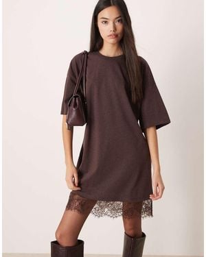 ASOS Oversized Mini Dress With Lace Hem Trim - Brown