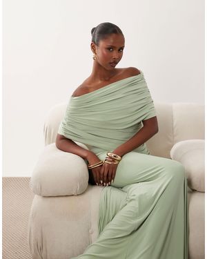 ASOS Off Shoulder Wrap Bodice Detail Maxi Dress With Train - Green