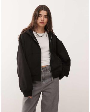 Weekday Sudadera Negra De Corte Cuadrado Con Capucha Y Cremallera Essence De - Negro