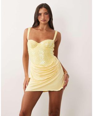 Oh Polly Embellished Corset Drape Skirt Mini Dress - Yellow