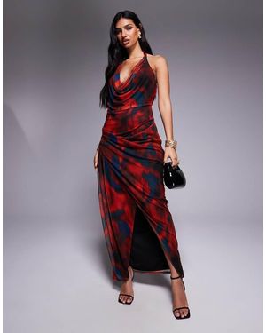 ASOS Mesh Plunge Halter Midi Dress With Wrap Skirt - Red