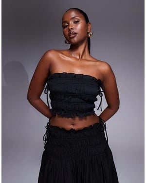 Wanderdoll Soulie Linen Look Ruffle Trim Tie Detail Shirred Bandeau Top Co-ord - Blue