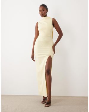 Vesper Bengaline Ruched Neck Drape Open Back Maxi Dress - Natural