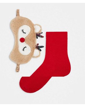 Brave Soul Novelty Fluffy Reindeer Bed Socks And Eye Mask - Red