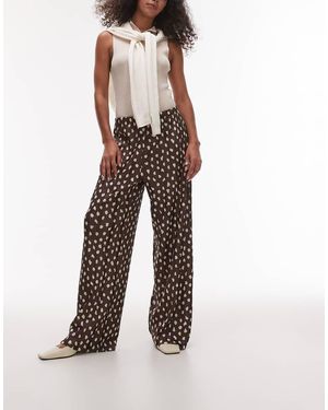 TOPSHOP Polka Dot Plisse Wide Leg Trousers - Brown