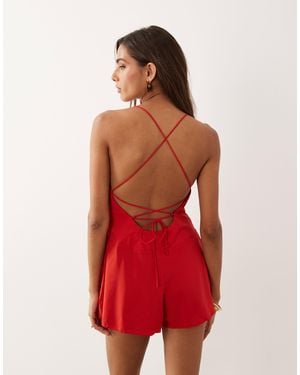 Oh Polly Ruched Sweetheart Neck Backless Playsuit - Red