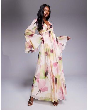 ASOS Fluted Sleeve Twist Front Maxi With Plunge Neckline - Multicolour