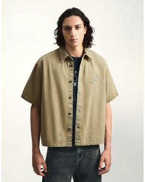 Bershka Short Sleeve Boxy Textured Shirt - Natural