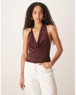 ASOS Slinky Cowl Neck Top With Gold Trim Detail - Brown