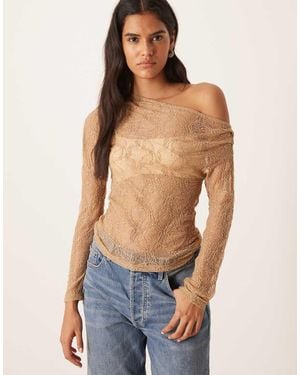 Gina Tricot Long Sleeve Fallen Off The Shoulder Drapey Rhinestone Lace Top - Blue