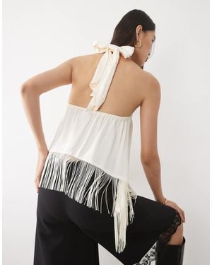 ASOS Drapey Satin Halter Neck Top With Fringe Detail - White