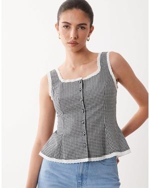 Nobody's Child Deia Cotton Contrast Trim Button Through Peplum Top - Gray