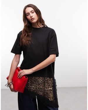 Noisy May Oversized T-shirt With Asymmetric Satin And Lace Hem Underlay - Black