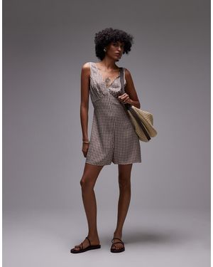 TOPSHOP Satijnen Playsuit Met V-Hals En Kleine Ruitjes - Grijs