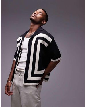 TOPMAN Knitted Crochet Vertical Stripe Button Through Shirt - Black