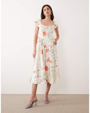 New Look Flower Print Bengaline Midi Dress - Natural