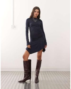 Weekday Asymmetric Shoulder Long Sleeve Mini Dress - Blue