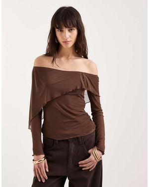 Motel Haze Off Shoulder Aysmetric Mesh Long Sleeve Top - Brown