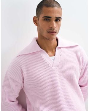 ASOS Oversized Knitted Extreme Open Collar Polo Jumper - Pink