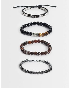 ASOS 4 Pack Black And Faux Tigers Eye Beaded Bracelet Chain - White