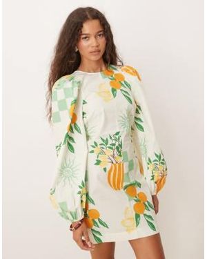 ASOS Robe courte à imprimé estival avec manches bouffantes et liens noués au dos - Multicolore