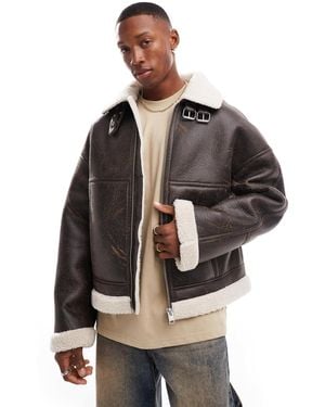 Bershka Faux Leather Washed Jacket With Shearling - Grey