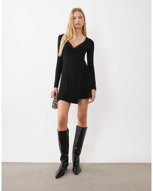 Miss Selfridge Lace Trim Wrap Mini Dress - Black
