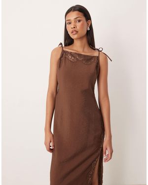 ASOS Cami Square Neck Crinkle Satin Lace Detail Maxi Dress - Brown