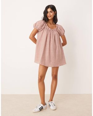 ASOS Scoop Neck Swing Mini Dress With Puff Sleeve - Pink