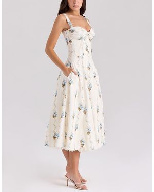 House Of Cb Rosalee Cream Floral Print Cotton Corset Midi Dress - White