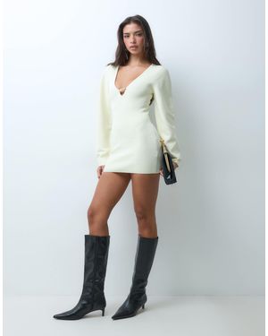 Aria Cove Barrel Sleeve Plunge Neckline Metal Hardware Mini Dress - White