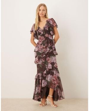 ASOS Raw Edge Asymmetric Ruffle Maxi Dress With High Low Hem - Multicolor